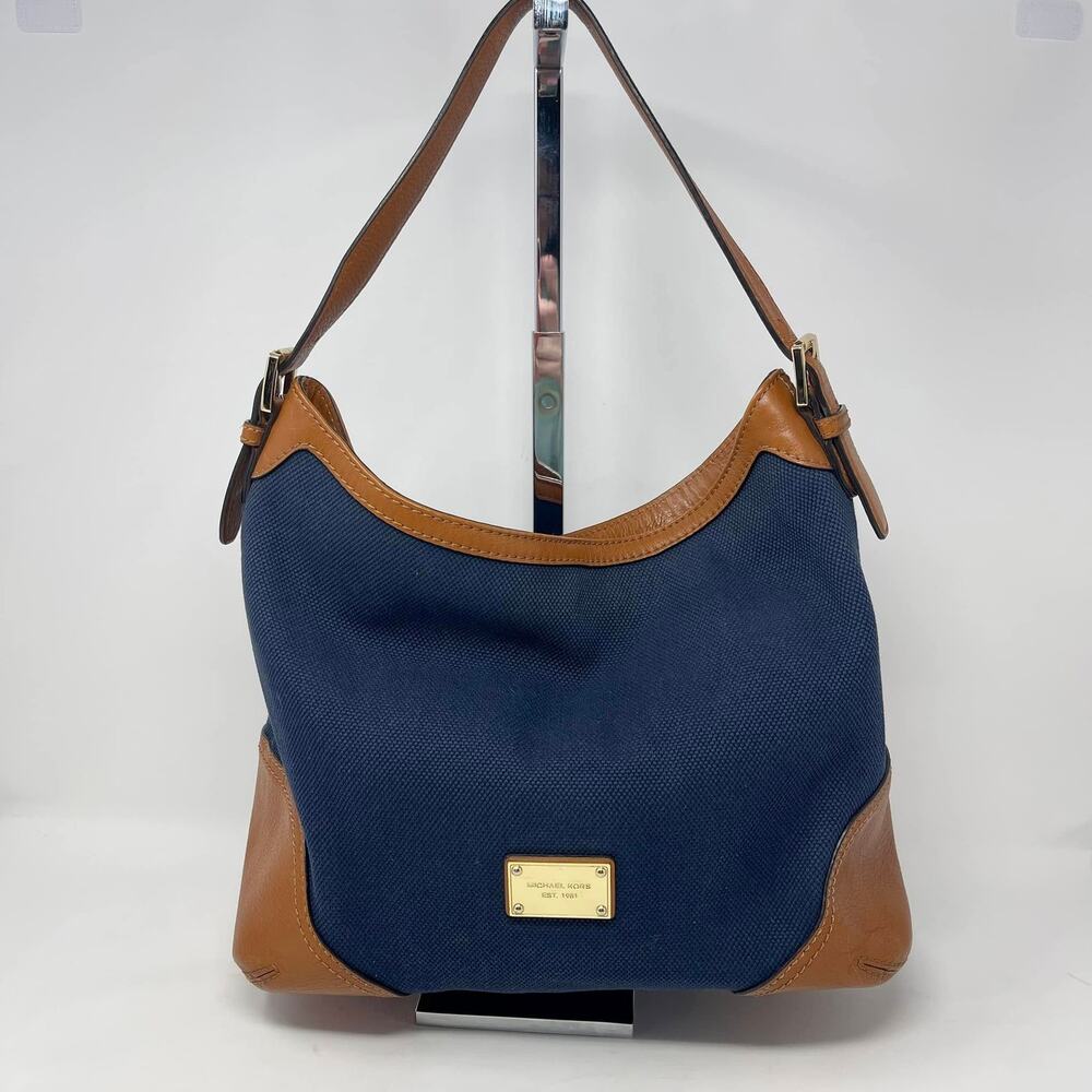 Michael Kors Navy Blue Canvas Camel Leather Trim Millbrook Hobo Tote‎ Bag